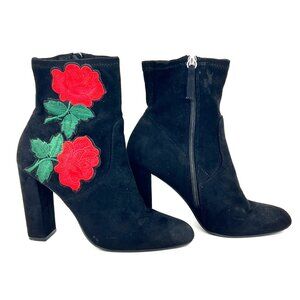 Steve Madden Edit Womens Black Suede Ankle Boots Red Rose Embroidery Side Zipper